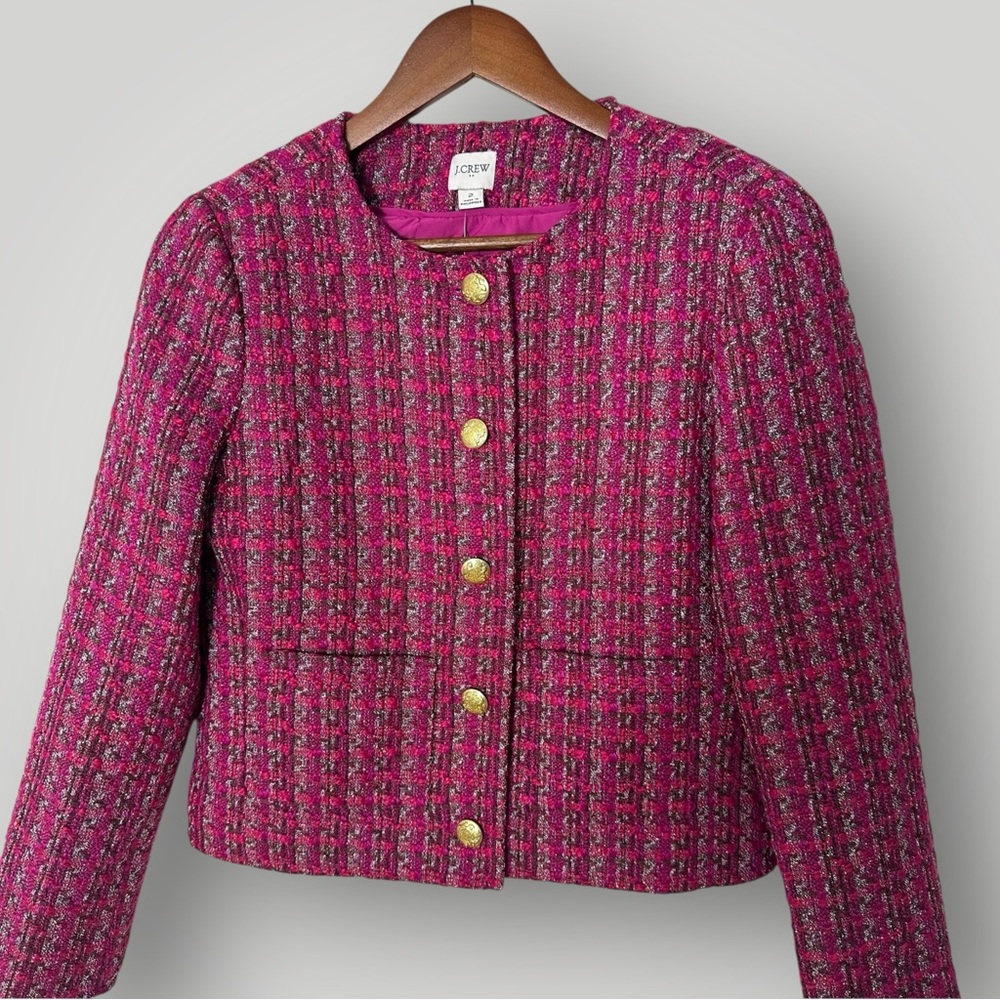 J.Crew Pink Tweed Lady Jacket Size 2 Gold Crest Buttons Cropped Blazer BS928 New - Picture 6 of 14